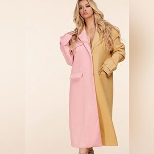 Colorblock Wool Coat – Pink & Camel Oversized Longline Jacket – Street Style
